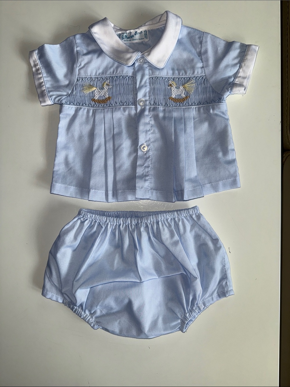Feltman Bros Light Blue Smocked Two Piece Hand Embr Set with Horse Motif Preemie